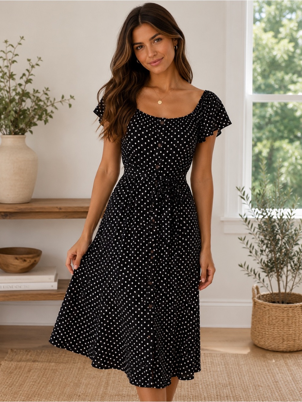 Monteau Polka Dot Button-Down Midi Dress with Tie Waist - Medium